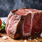 **

A close-up, mouthwatering shot of a dry-aged steak. The steak should have a dark, almost crusty exterior from the aging process. Focus on the marbling and texture of the meat, highlighting its deep, rich color.  In the background, subtly include elements suggesting the aging process, like Himalayan salt blocks or a temperature/humidity gauge. The style should be gourmet food photography.

**