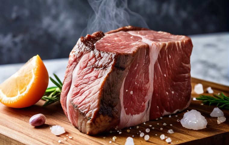 **
A close-up, mouthwatering shot of a dry-aged steak. The steak should have a dark, almost crusty exterior from the aging process. Focus on the marbling and texture of the meat, highlighting its deep, rich color. In the background, subtly include elements suggesting the aging process, like Himalayan salt blocks or a temperature/humidity gauge. The style should be gourmet food photography.
**