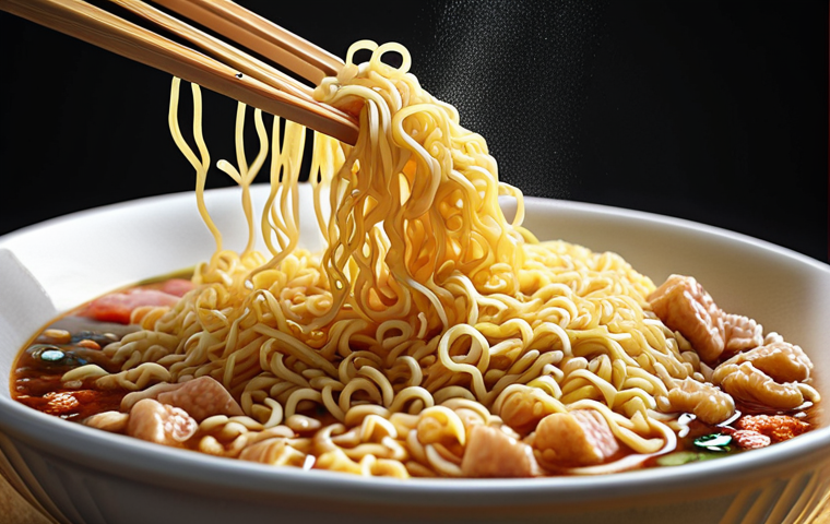 **
Ramen noodles overflowing with sodium, illustrating the dangers of excessive salt intake. Highlighting risks of hypertension and cardiovascular diseases with unhealthy food ingredients.
**
